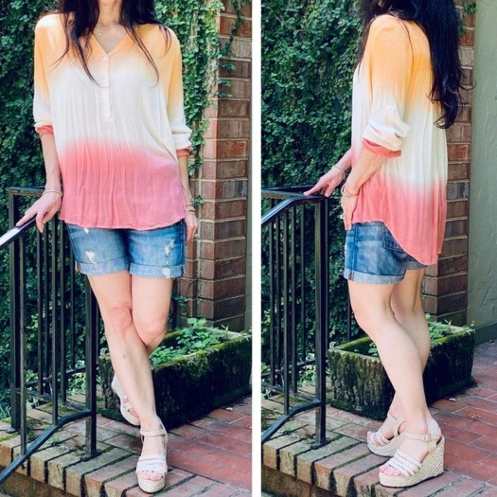 Boho V-Neck Tunic Ombre` Button Front Dip Dye Top NEW - Picture 4 of 12